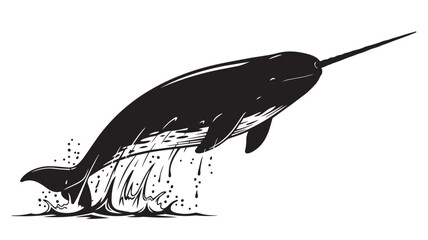 Black and white sketch of a narwhal jumping out of water © rockbd