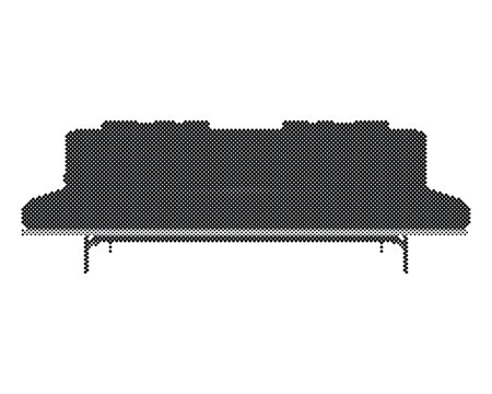 Retro halftone vector illustration of a modern minimalist black sofa with circle dot pattern isolated on white background