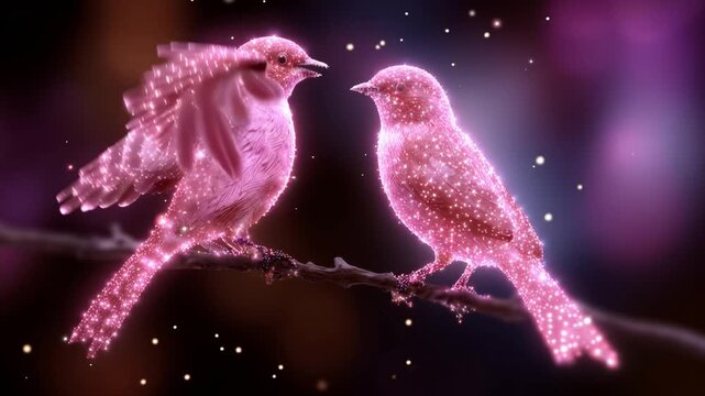Two glowing birds kiss on a branch