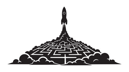 Black rocket ship launching from a complex maze puzzle © rockbd