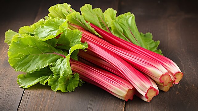 Fresh red stalks of rhubarb with large green leaves on wooden table.