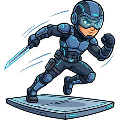 Fototapeta premium A futuristic superhero character runs with a glowing sword on a sleek platform.