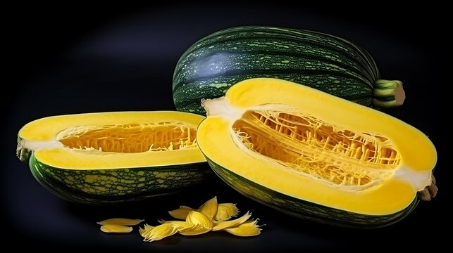 Fresh raw halved spaghetti squash with scattered seeds on dark background.