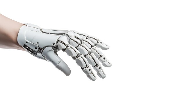 Mechanical prosthetic hand attached to human arm extending forward.