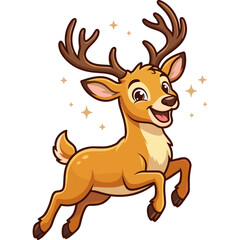 Fototapeta premium A cartoon reindeer runs with sparkles around it in a playful scene.