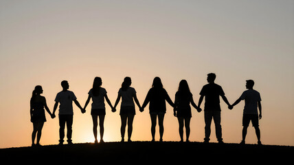 Fototapeta premium Silhouette Silhouette of a group of people holding hands on a hilltop during sunset, high contrast, inspiring and simple. 