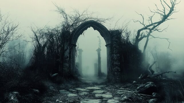 Mysterious Foggy Ancient Stone Archway Entrance to a Haunted Forest.