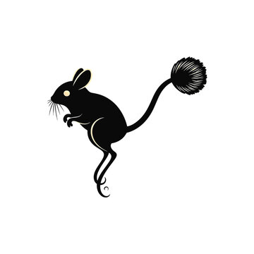 Black and cream stylized silhouette of a jerboa desert rodent with large ears and a long tufted tail isolated on a white background for logo and graphic design projects.