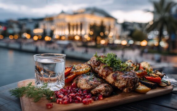 Grilled lamb skewers at Sochi seaport at dusk