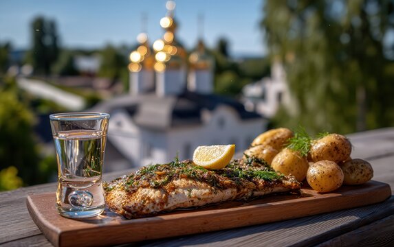 Lunch with baked pike perch and vodka near Suzdal Kremlin