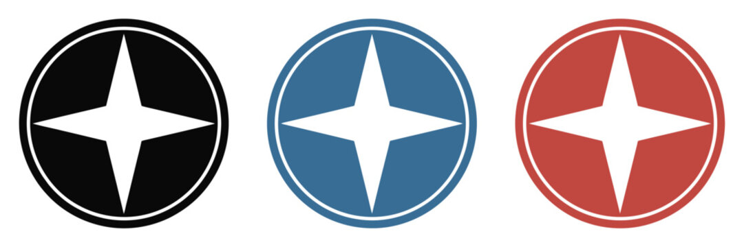 Compass star icons set, navigation badge symbols in multiple colors, direction guide and travel map vector illustration design.