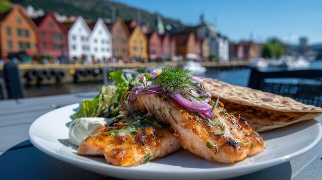 Enjoying rakfisk with lefse in Bergen's harbor area