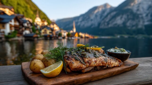 Grilled trout served by Lake Hallstatt during golden hour