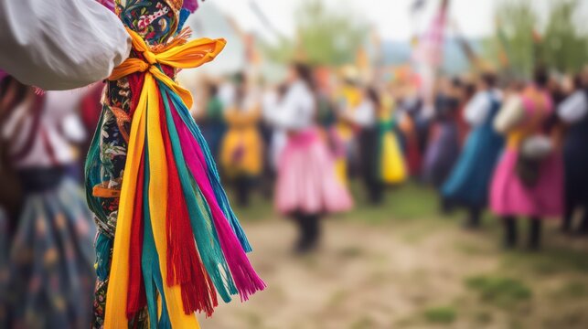 A close-up of a person's hand holding a colorful ribbon tied to a stick, with a group of people dancing in traditional costumes in the background.