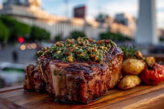 Grilled beef ribeye with chimichurri in Buenos Aires