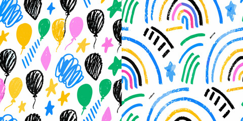 colorful childlike pattern with balloons stars and rainbows © Topoti