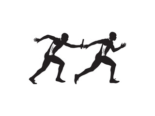 Fototapeta premium Two black silhouettes of relay runners passing a baton during a fast sprint on white background