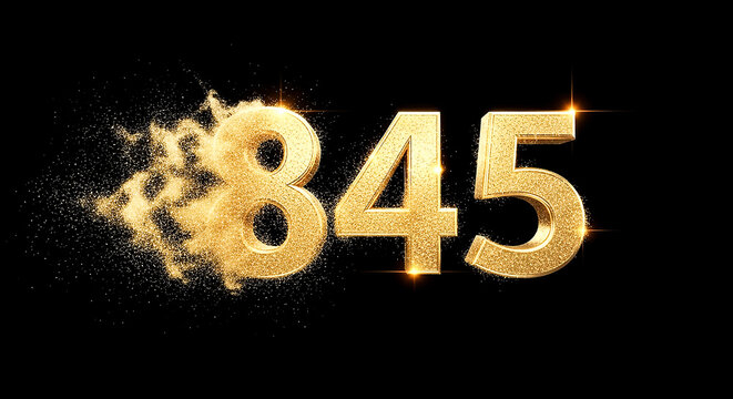 Stylized, glittery golden number 845 with sparkling effects and smoke-like particles, ideal for celebratory or high-energy visuals.