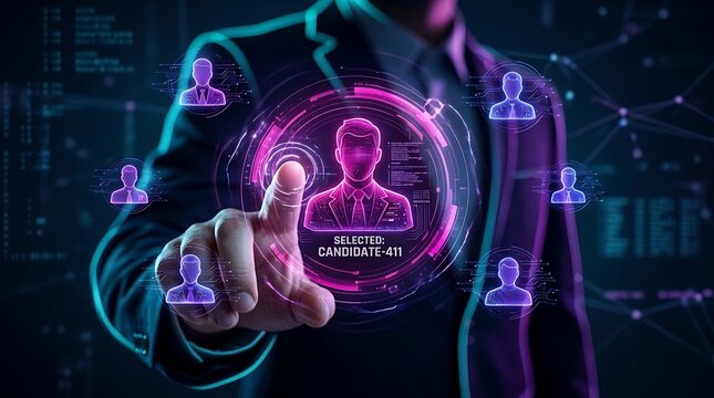 Hand touching glowing purple digital interface to select candidate 411 from holographic network for advanced corporate recruitment and talent management