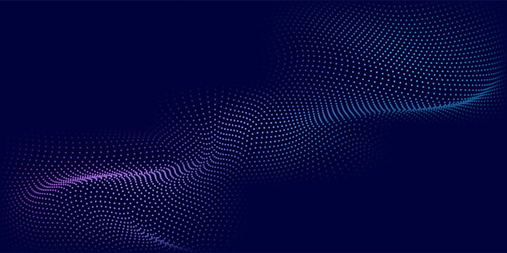 Particle stream. Purple background with many glowing particles. Information technology background.