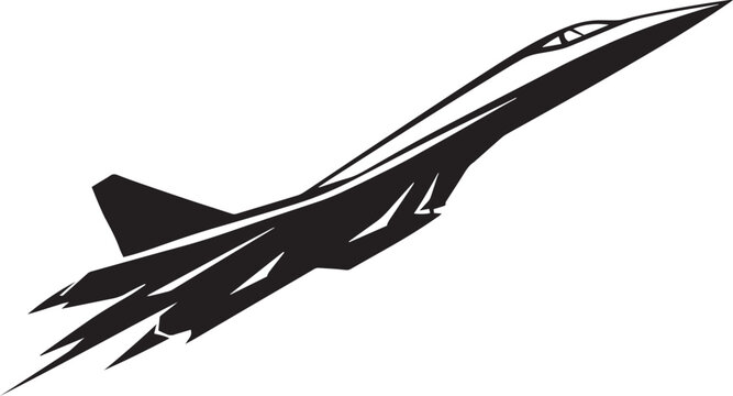 Supersonic fighter jet vector silhouette, black military aircraft icon, aerodynamic stealth bomber plane graphic for aviation and defense branding