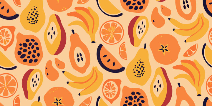 Tropical fruit pattern warm toned repeating illustration with papaya banana and orange