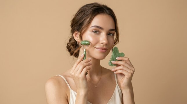 Attractive young woman with perfect skin holding jade roller and gua sha stone, looking at camera.