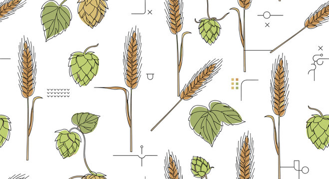 Seamless agricultural pattern of wheat stalks and green hops for brewery and bakery branding design projects.