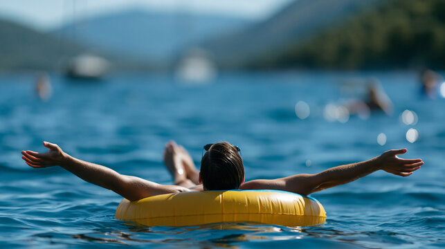 Young man with outstretched arms floating on an inflatable ring in the sea, unforgettable summer vacation and adventure concept, faceless, face not clearly visible, defocused