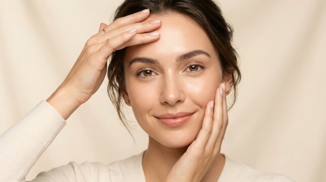Close up beautiful woman face, smooth healthy skin, natural beauty, makeup free, touching forehead and cheek gently.