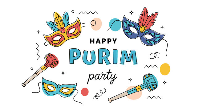 Festive Purim party greeting with colorful masks, noise makers, and confetti symbols for the Jewish holiday.