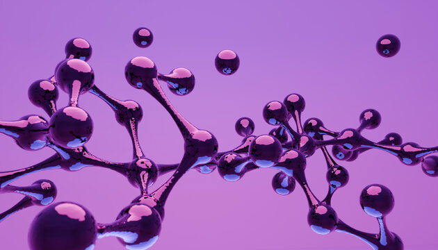 Molecule, droplet, purple, liquid, abstract, bubble network on branch structure with reflective sphere macro view