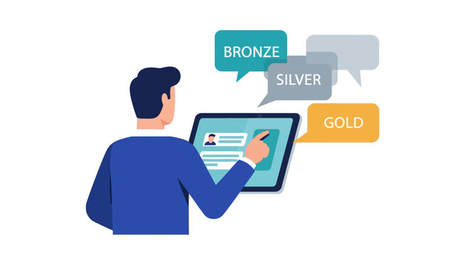 Businessman choosing membership tiers on a digital tablet with bronze silver and gold options. Flat vector illustration for loyalty programs and subscription level concepts.