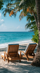 Fototapeta premium Wonderful beach scenery with palm trees and sun loungers overlooking turquoise sea, tropical beach landscape and summer resort template, no people, with copy space