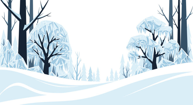 Serene winter forest landscape illustration in low poly style featuring snow covered ground and icicle laden trees in blue tones.