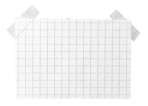 Blank checkered graph recycled rough paper memo note with squares or grid pattern and adhesive sticky tape, rough fiber texture transparent png background design element