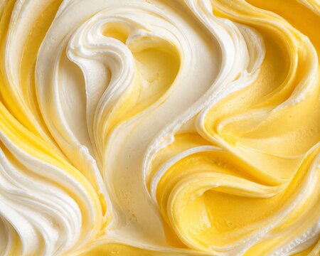 Smooth swirls of whipped vanilla and lemon cream blending together in rich abstract food texture photography style with silky folds and luxurious detail. Creamy white, buttery yellow tones