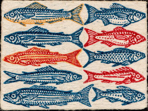 close up of lithographic or flexographic pattern on old paper: fish pattern