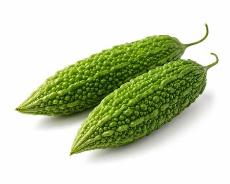Two fresh bitter gourds arranged diagonally on a clean white background, rendered in semi-realistic 3D with intense surface detail and strong layered depth. Bright natural green tones and textures