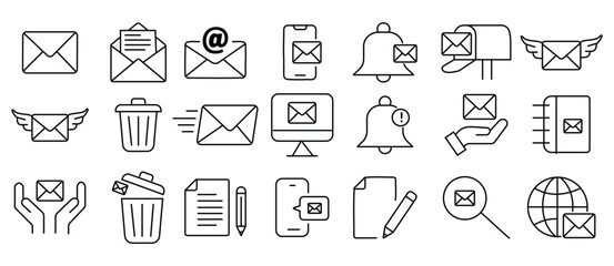 Fototapeta premium Set of 21 outline icons related to email. Linear icon collection. Editable stroke featuring inbox, message, envelope, notification, mailing, and interface symbols. Vector illustration.