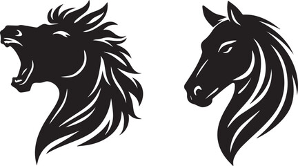 Stallion horse head silhouettes, black tribal mustang vector icons, wild equine profile set for sports logos and equestrian branding © Adnan