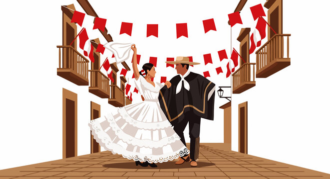 Couple in traditional Chilean attire dancing Cueca with festive decorations.