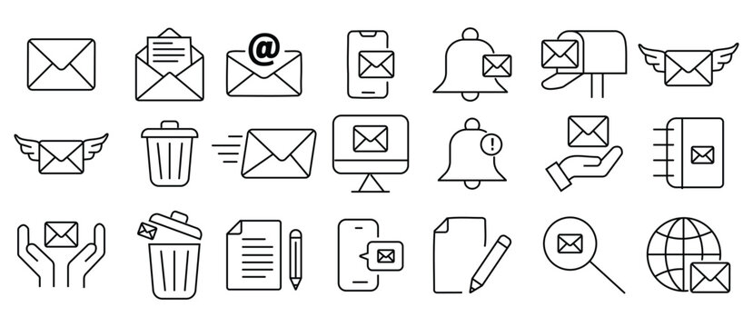 Set of 21 outline icons related to email. Linear icon collection. Editable stroke featuring inbox, message, envelope, notification, mailing, and interface symbols.  Vector illustration.