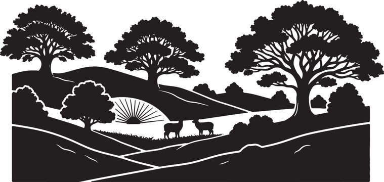 Black and white vector illustration of a rural landscape with rolling hills, large oak trees, and two sheep grazing in a meadow under a rising sun in a vintage woodcut style.