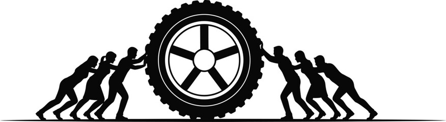 Obraz premium Teamwork Concept Illustration: Group of Silhouette People Pushing Large Gear Wheel Together, Black and White Line Art Vector