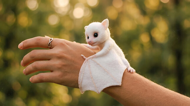 cute tiny white bat clinging to a human wrist