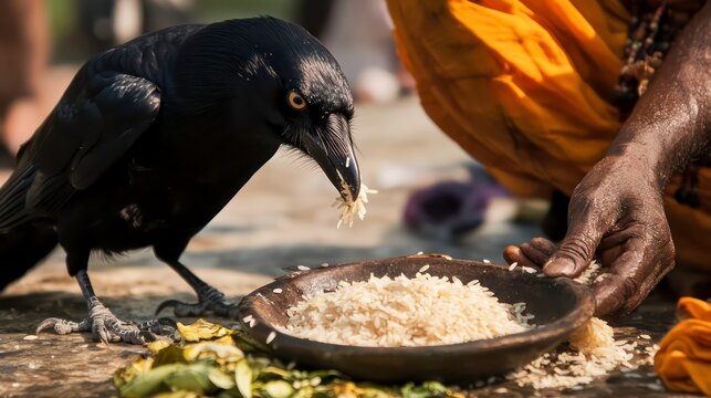 A black crow eats rice from a bowl being held by a person wearing an orange robe.