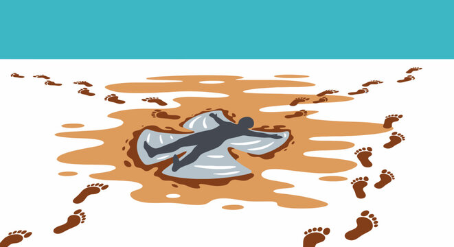 A person lying on the ground surrounded by footprints and a liquid substance.