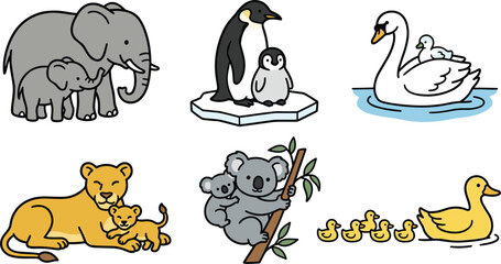 Cute Mother and Baby Animal Set with Cartoon Elephant, Penguin, Swan, Lion, Koala, and Duck Family Illustrations for Kids and Nature Designs © MstJuli