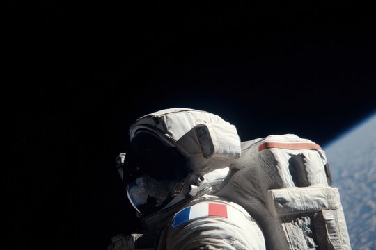 Space exploration by astronaut wearing French flag patch on arm, showcasing diverse professions in a cosmic setting